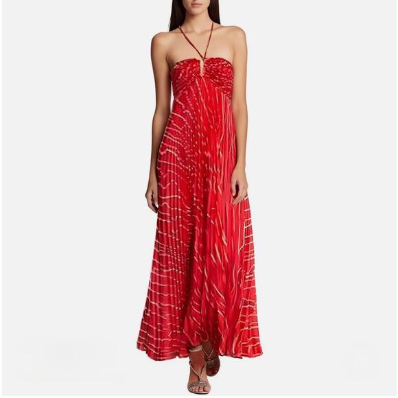 BCBGMAXAZRIA Women's Pleated Chiffon Long Dress Rosso Combo Size 6 NWT - Picture 2 of 13